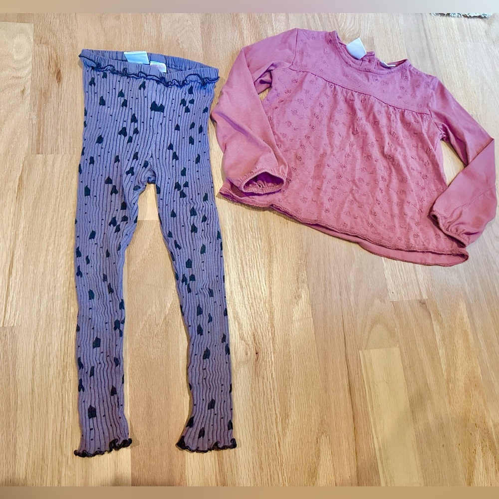 Zara 3/4 t ribbed leggings with ruffle bottom and pink blouse top set